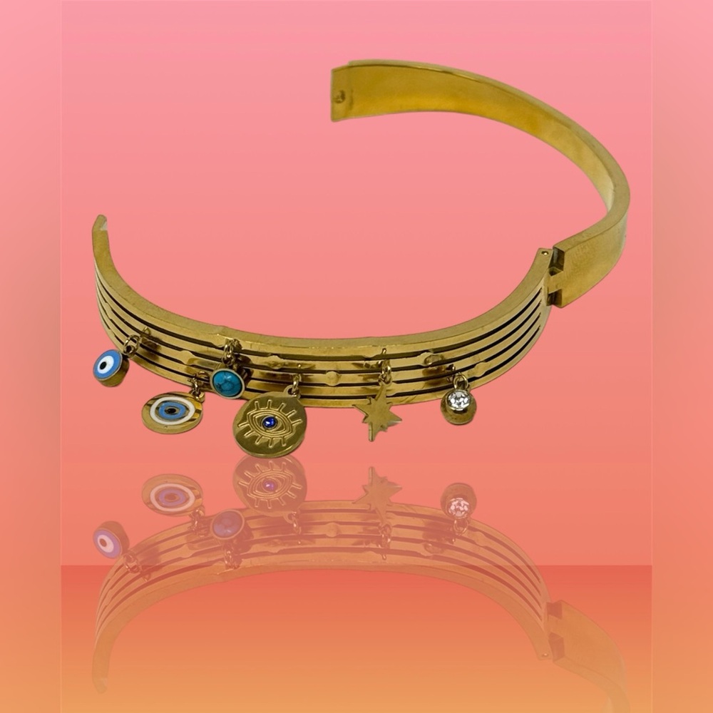 🛍️SALE🛍️ Stainless Steel Gold Color Plated Turkish Evil Eye Charms Bangle - Picture 3 of 7